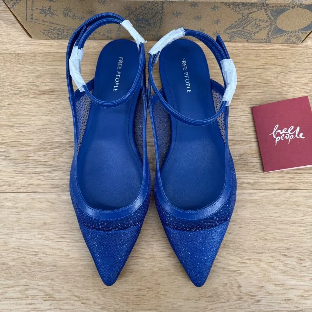 Free People Revolve Sheer Glitter Jules Flat Size 6.5 Bright Navy Point Toe NEW
